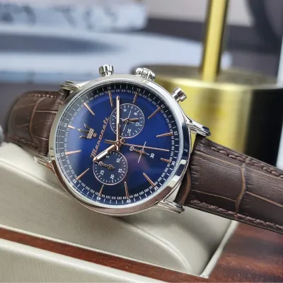 Maserati Leather Epoca Chronograph Blue Dial Men Watch